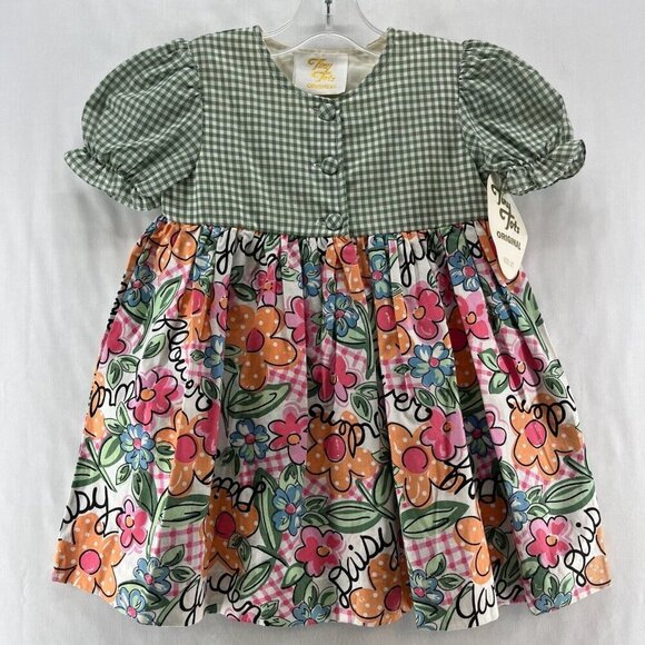 Tiny Tots Other - Tiny Tots Original Vintage Dress Girls Size 2T Gingham Floral Puff Sleeves Green